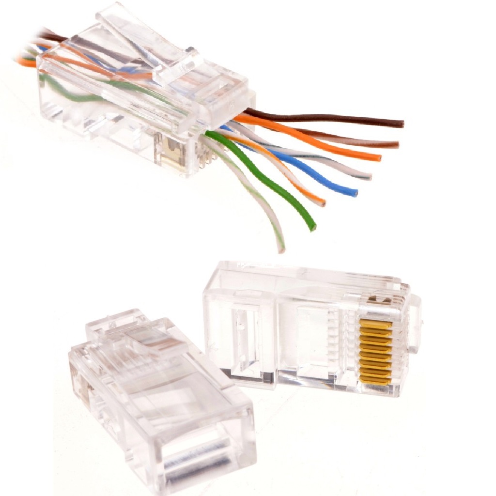 100 Pcs RJ45 Network Cable Gold Plated Modular Plug End Pass Through Cat5e 8P8C 